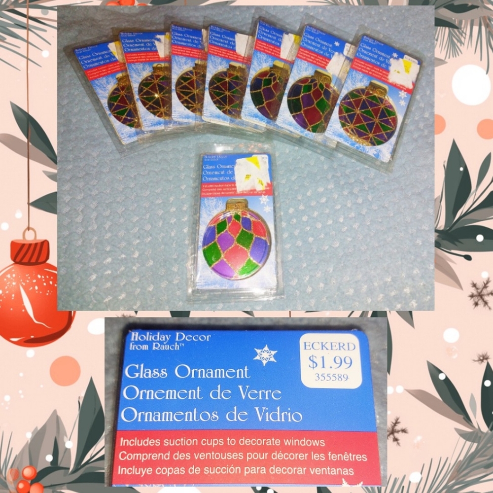 8Pc Bundle of Rauch brand Gold/Multicolor Round Glass Christmas Ornaments